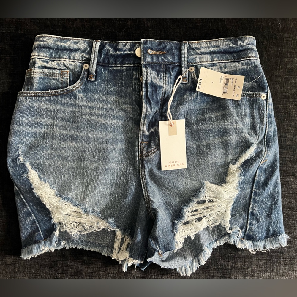 Good American Bombshell Distressed Denim Shorts
